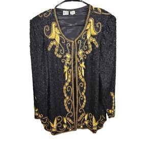 Kig Vintage Silk Beaded Sequin Evening Jacket Black Gold XL Formal Open Front